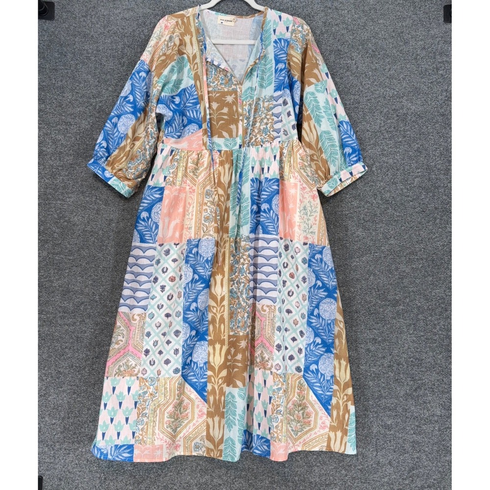 Polagram Maxi Dress Women Small Multicolor Patchwork Floral Pockets Boho Casual